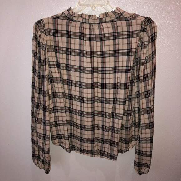 Evereve Womens Large Tan Plaid Long Sleeve V Neck Pullover Shirt Blouse Top Sz L - Picture 7 of 10